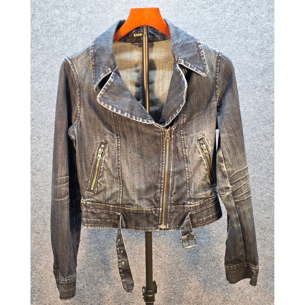 Express Jeans Moto Jacket Women (M) Dark Wash Biker Cropped Blue Excellent Y2K